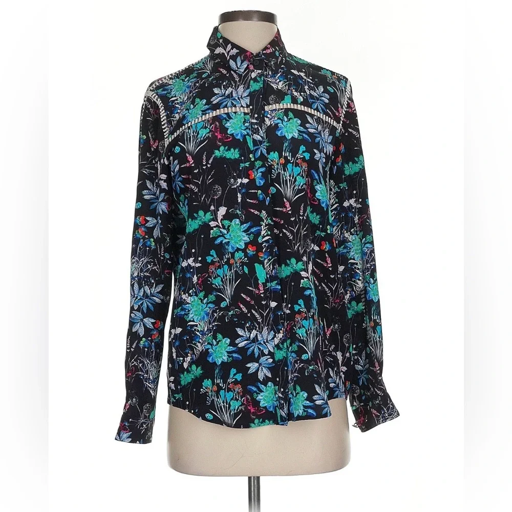 The Kooples Silk Black Floral Blouse with Teal, Blue & Pink Accents